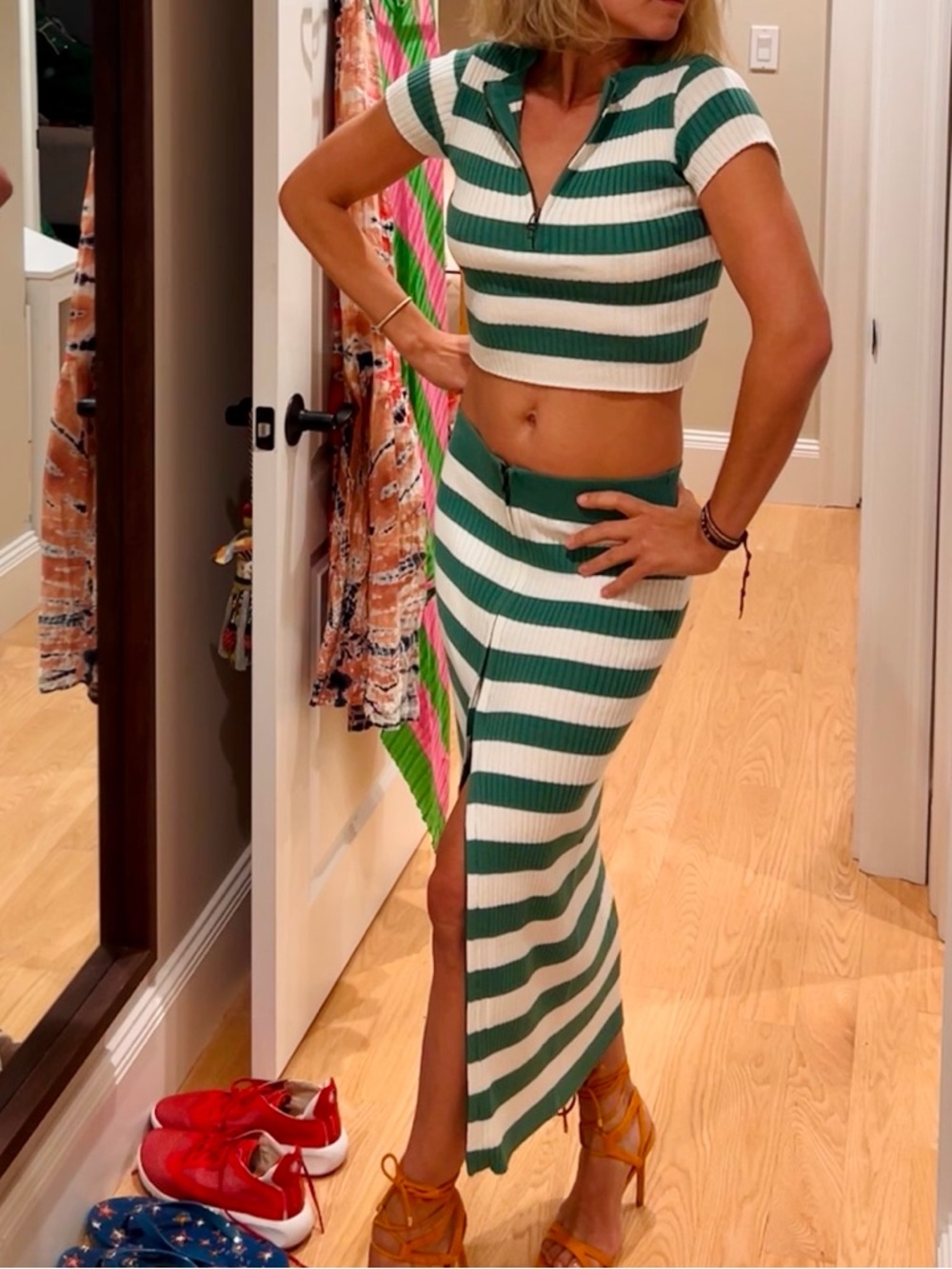 Anthropologie Green and White Midi Skirt